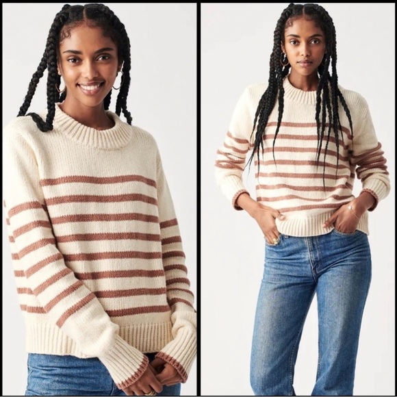 Faherty Cuddle Striped Crew Sweater Chai Stripe Cream Brown Knit Medium Rare - Picture 1 of 11